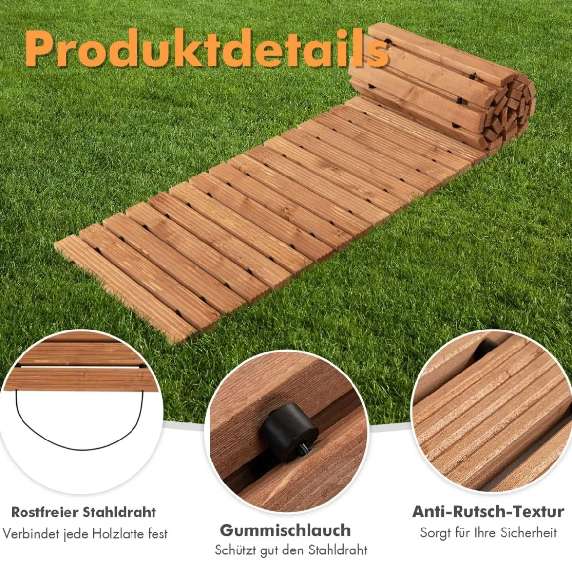 Garten-Holzweg 245 x 43 x 2 cm Ausrollbarer Witterungsbeständiger Gerader Gehweg im Freien