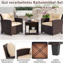 Gartenmöbel Set inkl. 2 Stühle mit Sitzkissen & Tisch Rattan Balkonmöbel Gartenlounge Sitzgruppe Set Braun
