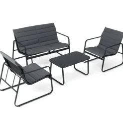 Gartenmöbel Set mit 2 Stühlen & Bank & Tisch & Kissen Outdoor Lounge Möbel Sitzgruppe Grau