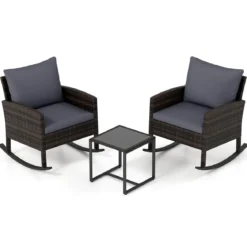 Gartenmöbel Set 3-Teiliges Balkonmöbel aus Rattan mit 2 Schaukelstühlen & Glastisch Grau/Beige