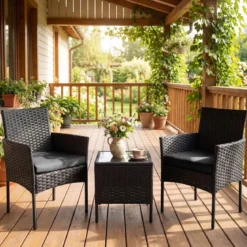 Gartenmöbel Set 3-teiliges Rattan Balkonmöbel mit 2 Stühlen & Gartentisch Outdoor Gartenlounge Schwarz