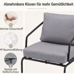Gartenmöbel Set 3-teilig Terrassenmöbel mit 2 Stühlen & Couchtisch Sitzgruppe mit Metallrahmen Grau