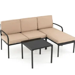 Gartenmöbel 3-teiliges Balkonmöbel mit 2-Sitzer Sofa L-förmigem Sofa & Couchtisch Khaki