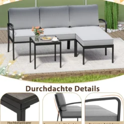Gartenmöbel 3-teiliges Balkonmöbel mit 2-Sitzer Sofa L-förmigem Sofa & Couchtisch Grau
