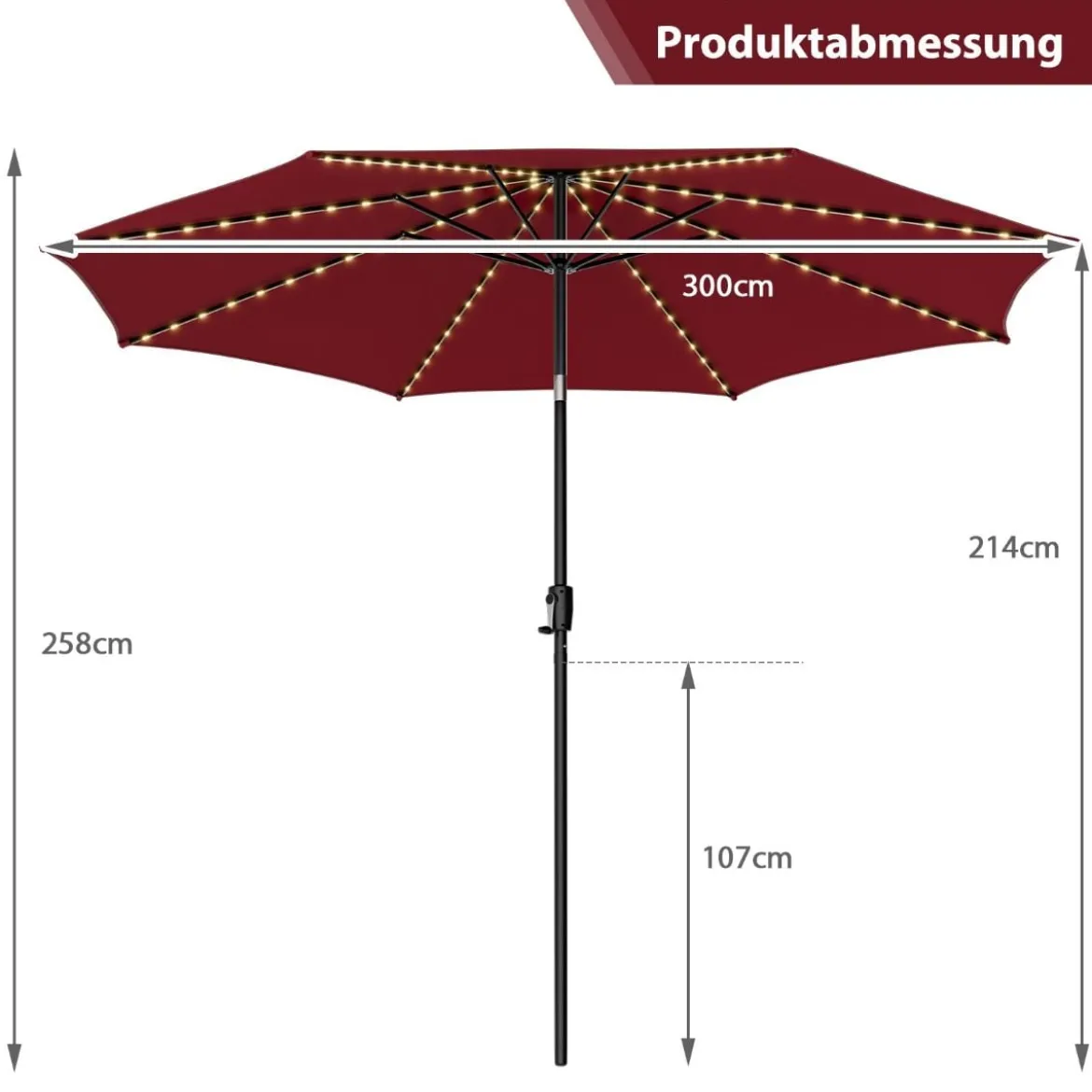 Gartenschirm Ø300cm Sonnenschirm mit 112 LED-Leuchten Rot
