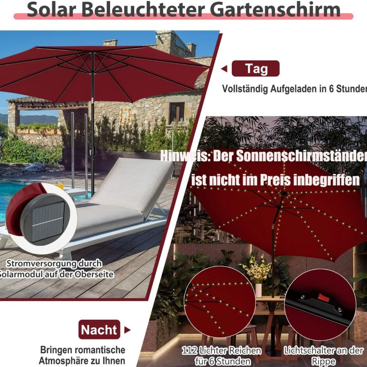Gartenschirm Ø300cm Sonnenschirm mit 112 LED-Leuchten Rot