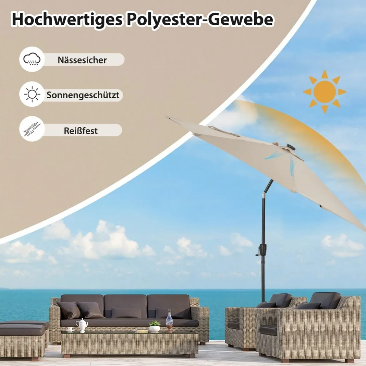 Gartenschirm Ø300cm Sonnenschirm mit 112 LED-Leuchten Beige
