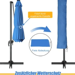 Gartenschirm Kurbelschirm Hängender mit LED Solarlichtern Neigbarer Ampelschirm Blau