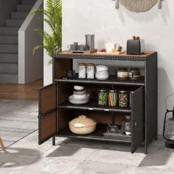 Gartenschrank Rattan Terrassenschrank mit Akazienholz-Arbeitsplatte Terrasse 90 x 53 x 86 cm Braun