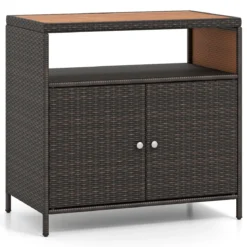 Gartenschrank Rattan Terrassenschrank mit Akazienholz-Arbeitsplatte Terrasse 90 x 53 x 86 cm Braun