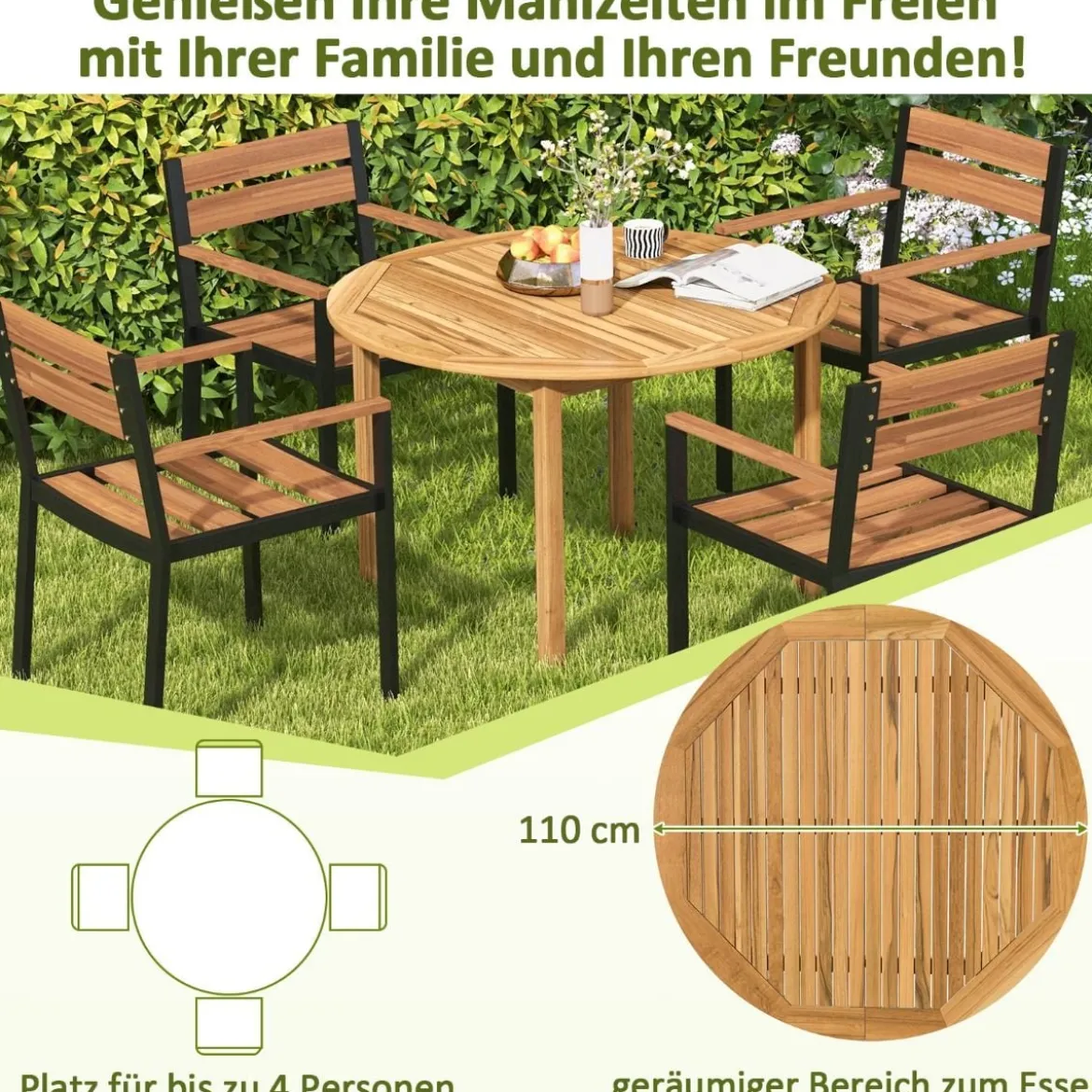 Gartentisch Akazienholz Esstisch rund für 4 Personen Bistrotisch Holztisch für Hof 110 x 110 x 75 cm Natur