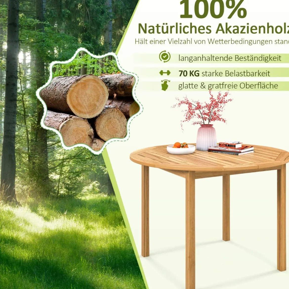 Gartentisch Akazienholz Esstisch rund für 4 Personen Bistrotisch Holztisch für Hof 110 x 110 x 75 cm Natur