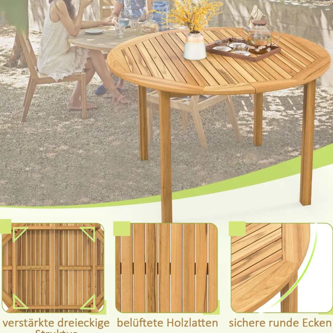 Gartentisch Akazienholz Esstisch rund für 4 Personen Bistrotisch Holztisch für Hof 110 x 110 x 75 cm Natur