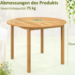 Gartentisch Akazienholz Esstisch rund für 4 Personen Bistrotisch Holztisch für Hof 110 x 110 x 75 cm Natur