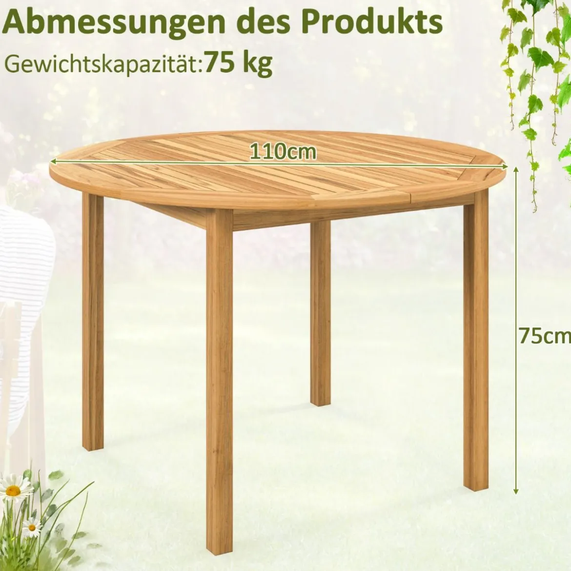 Gartentisch Akazienholz Esstisch rund für 4 Personen Bistrotisch Holztisch für Hof 110 x 110 x 75 cm Natur