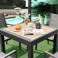 Gartentisch Aluminium ausziehbar 80/160 x 80 cm wetterfester Esstisch mit Tischplatte in Holzoptik