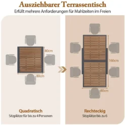Gartentisch Aluminium ausziehbar 80/160 x 80 cm wetterfester Esstisch mit Tischplatte in Holzoptik