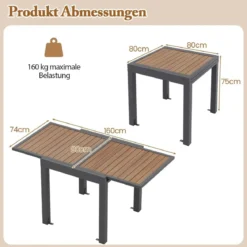 Gartentisch Aluminium ausziehbar 80/160 x 80 cm wetterfester Esstisch mit Tischplatte in Holzoptik