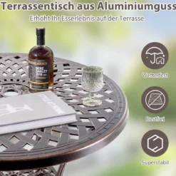 Gartentisch aus Aluminiumguss mit Schirmloch & Unterer Ablage Wetterfester Balkontisch