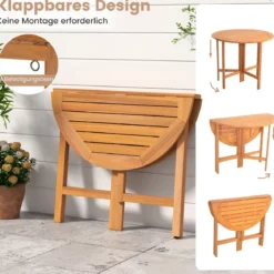 Gartentisch + 4er Gartenbank Set Ø 90 cm Klapptisch Sitzbank ohne Rückenlehne Holzbank Natur