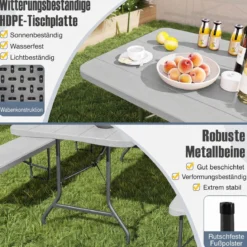 Gartentisch mit HDPE-Tischplatte & Tragegriff Klappbarer Campingtisch Balkontisch Grau