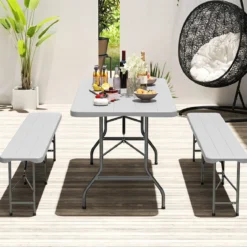 Gartentisch mit HDPE-Tischplatte & Tragegriff Klappbarer Campingtisch Balkontisch Grau