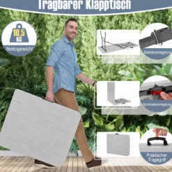 Gartentisch mit HDPE-Tischplatte & Tragegriff Klappbarer Campingtisch Balkontisch Grau
