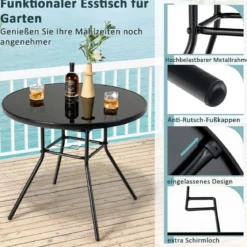 Gartentisch mit Tischplatte aus gehärtetem Glas Terrassentisch mit Schirmloch 86 x 86 x 71 cm Schwarz