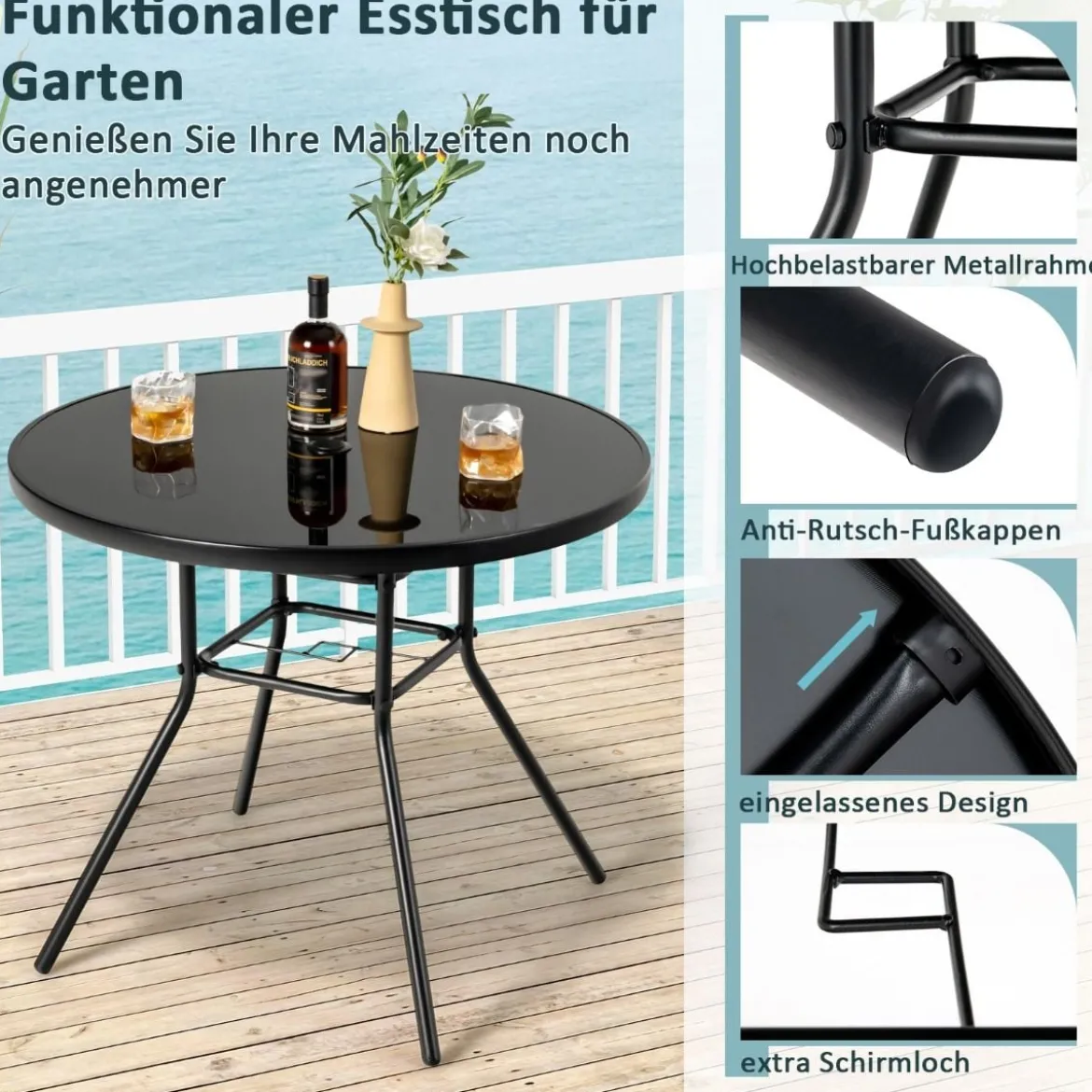 Gartentisch mit Tischplatte aus gehärtetem Glas Terrassentisch mit Schirmloch 86 x 86 x 71 cm Schwarz