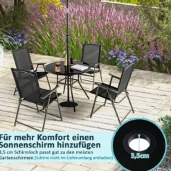Gartentisch mit Tischplatte aus gehärtetem Glas Terrassentisch mit Schirmloch 86 x 86 x 71 cm Schwarz