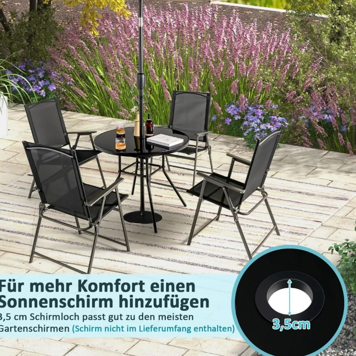 Gartentisch mit Tischplatte aus gehärtetem Glas Terrassentisch mit Schirmloch 86 x 86 x 71 cm Schwarz