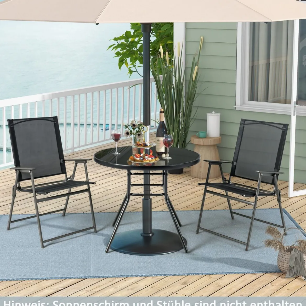 Gartentisch mit Tischplatte aus gehärtetem Glas Terrassentisch mit Schirmloch 86 x 86 x 71 cm Schwarz