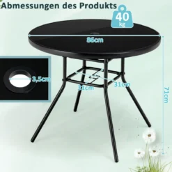 Gartentisch mit Tischplatte aus gehärtetem Glas Terrassentisch mit Schirmloch 86 x 86 x 71 cm Schwarz