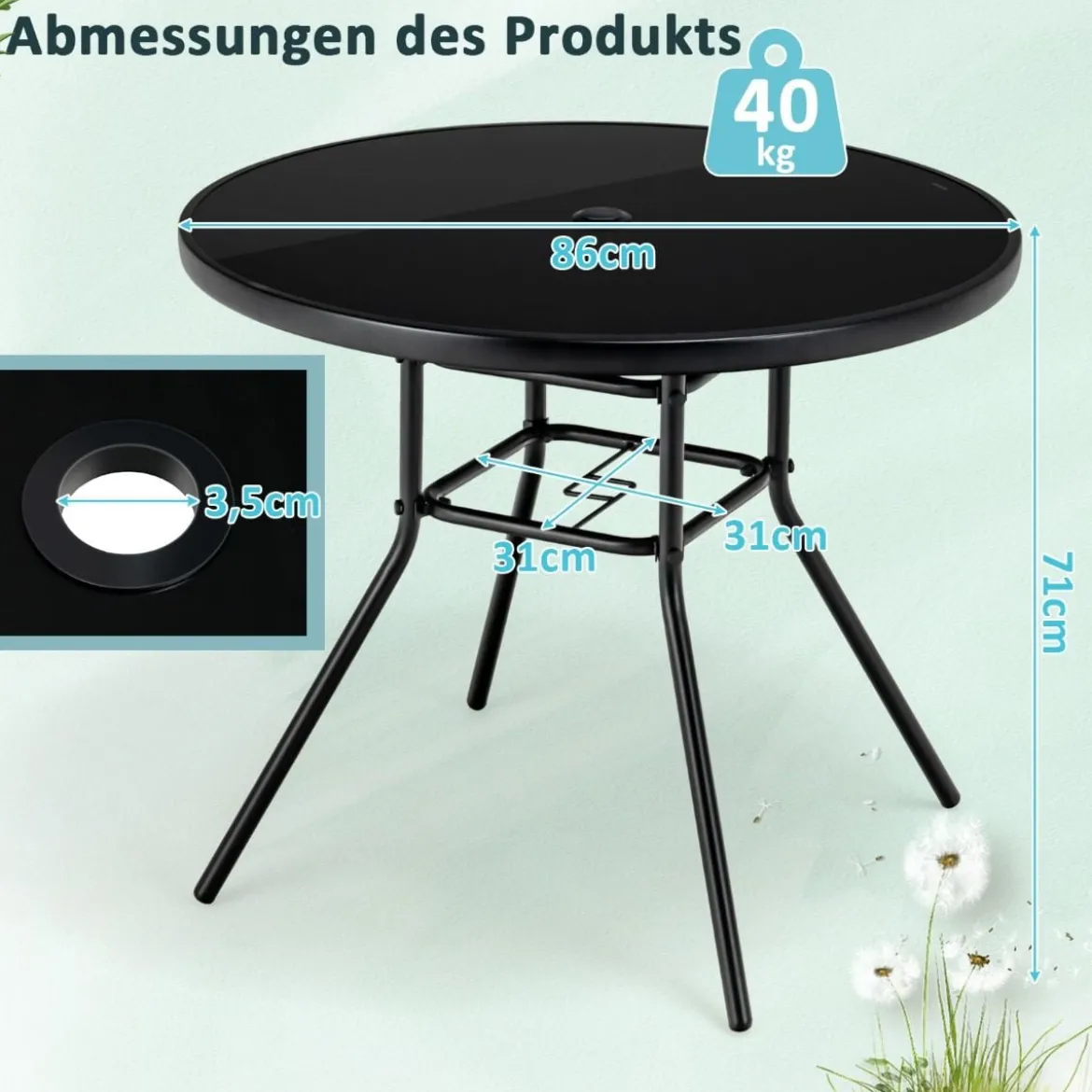 Gartentisch mit Tischplatte aus gehärtetem Glas Terrassentisch mit Schirmloch 86 x 86 x 71 cm Schwarz