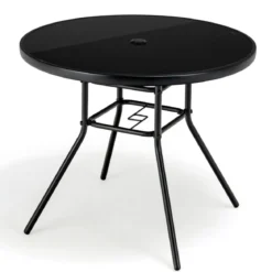 Gartentisch mit Tischplatte aus gehärtetem Glas Terrassentisch mit Schirmloch 86 x 86 x 71 cm Schwarz
