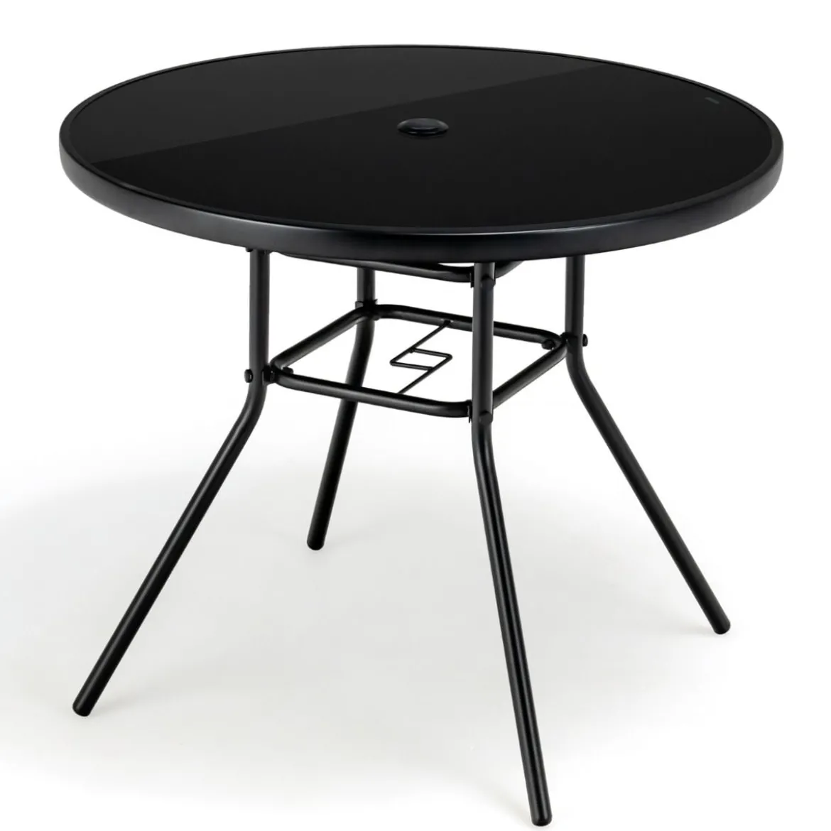 Gartentisch mit Tischplatte aus gehärtetem Glas Terrassentisch mit Schirmloch 86 x 86 x 71 cm Schwarz
