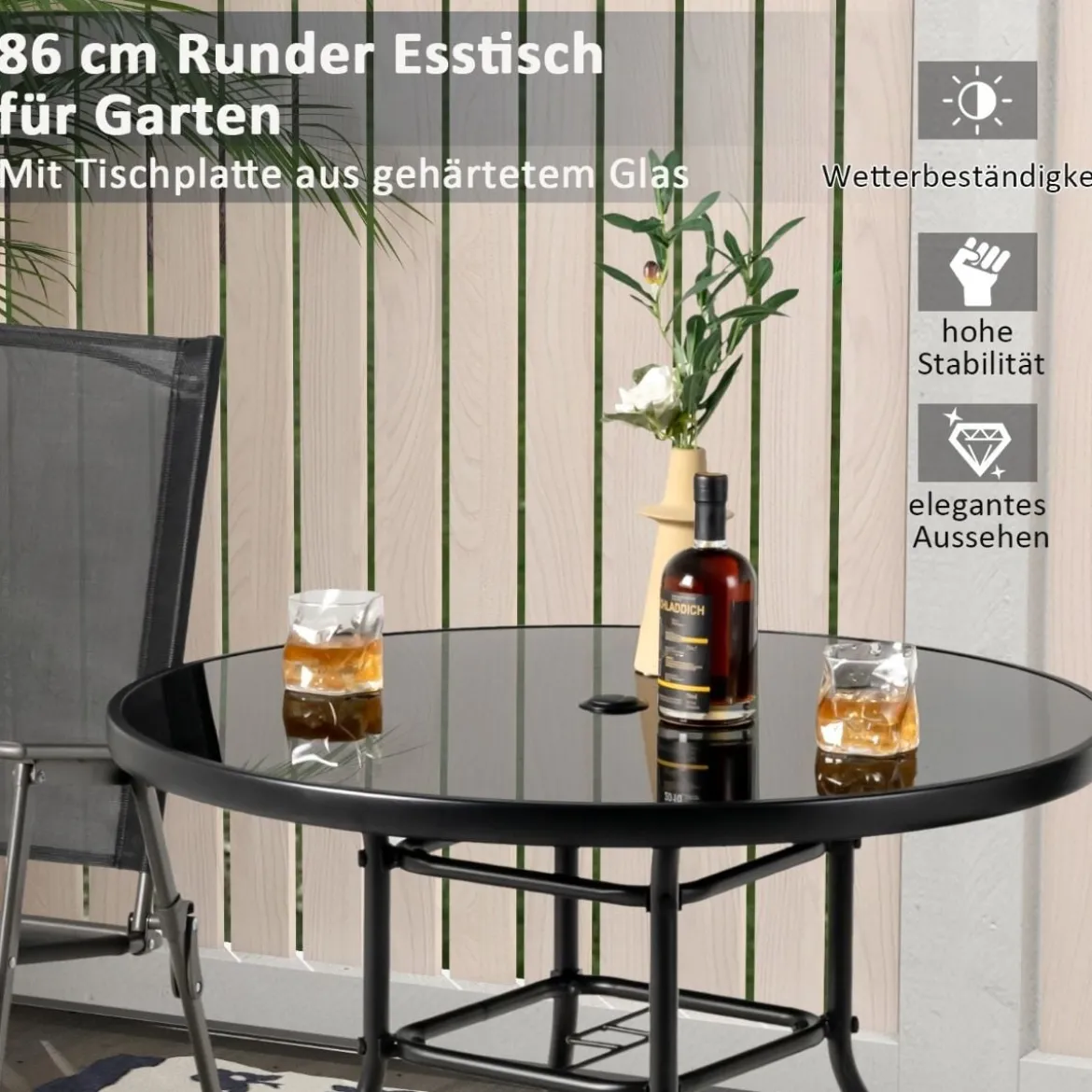 Gartentisch mit Tischplatte aus gehärtetem Glas Terrassentisch mit Schirmloch 86 x 86 x 71 cm Schwarz