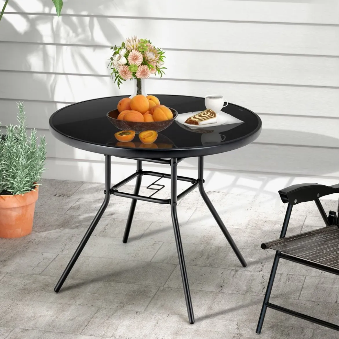Gartentisch mit Tischplatte aus gehärtetem Glas Terrassentisch mit Schirmloch 86 x 86 x 71 cm Schwarz