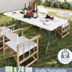 Gartentisch 180 x 74cm Campingtisch klappbar Klapptisch mit HDPE-Tischplatte & Tragegriff Weiß