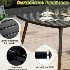Gartentisch 160 x 90 cm Outdoor Esstisch für 6 Personen Balkontisch aus Metall mit 4 cm Schirmloch