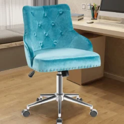 Gepolsterter Bürostuhl mit Rädern Samt Akzent Sessel Verstellbar 59,5 x 57 x 84 - 98 cm Türkis