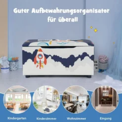 Gepolsterte Spielzeugkiste mit abnehmbarem Deckel & Raketen & Planetenmuster Marineblau