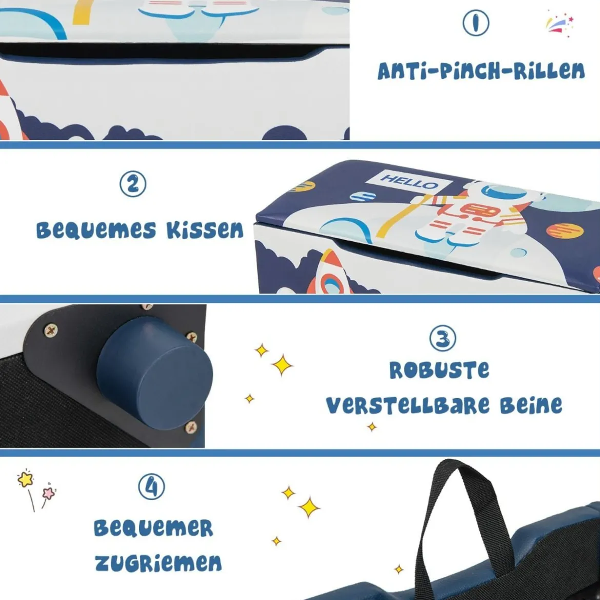 Gepolsterte Spielzeugkiste mit abnehmbarem Deckel & Raketen & Planetenmuster Marineblau