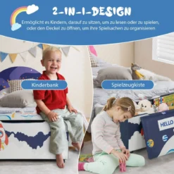 Gepolsterte Spielzeugkiste mit abnehmbarem Deckel & Raketen & Planetenmuster Marineblau