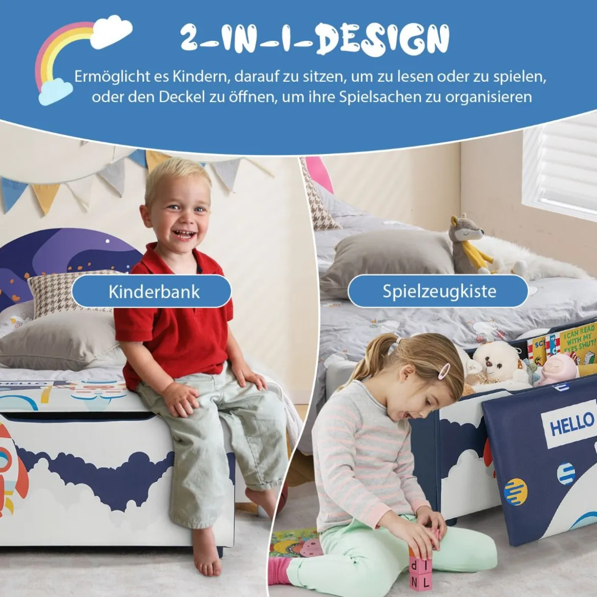 Gepolsterte Spielzeugkiste mit abnehmbarem Deckel & Raketen & Planetenmuster Marineblau