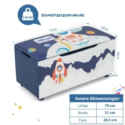 Gepolsterte Spielzeugkiste mit abnehmbarem Deckel & Raketen & Planetenmuster Marineblau