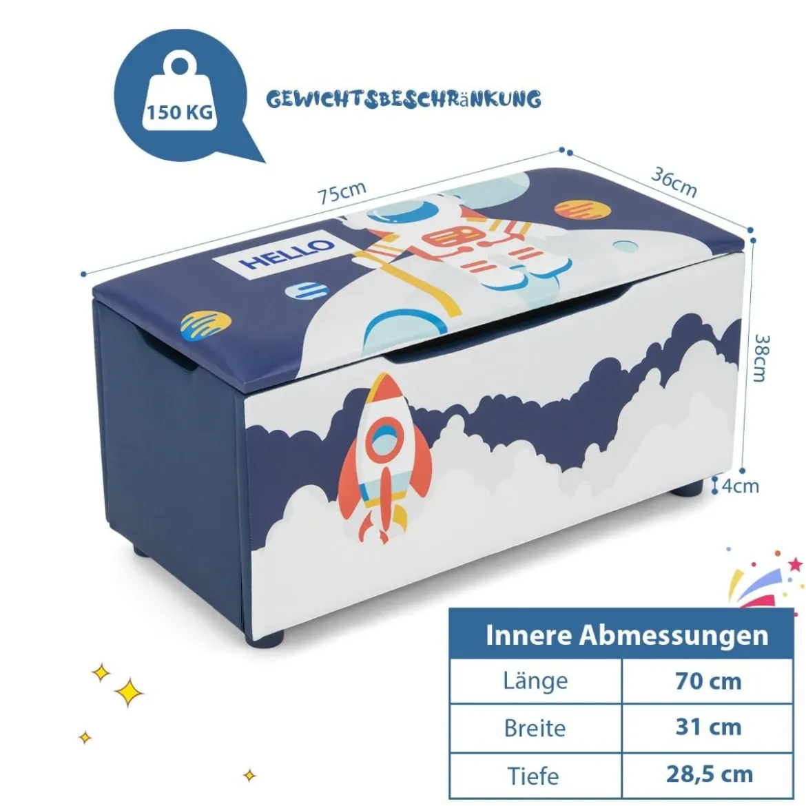 Gepolsterte Spielzeugkiste mit abnehmbarem Deckel & Raketen & Planetenmuster Marineblau
