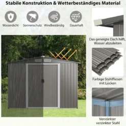 Gerätehaus aus Verzinktem Stahl mit Fundament & Doppeltüren & Rampe 260 x 207 x 180 cm Grau