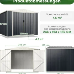Gerätehaus Metall 246 x 193 x 180 cm Geräteschuppen abschließbar Gartenhaus mit Pultdach & Belüftungsöffnung Grau
