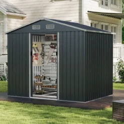 Geräteschuppen Gerätehaus Metall mit Pultdach & Schiebetüren Gartenhaus Fahrradgarage Gartenschuppen